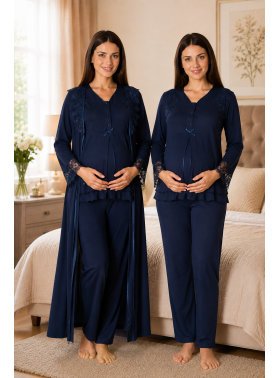 Effortt 2424 Lacivert Lohusa Hamile Pijama Takım Sabahlık Takım